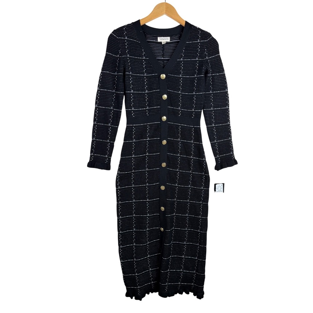 NWT 52seven Womens Long Sleeve Windowpane Midi Sweater Dress Size XS Black